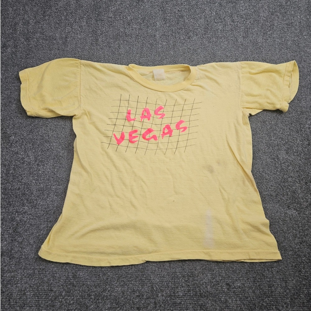 Vintage Las Vegas Tee Womens‎ S Yellow Pink Graphic Single Stitch Thin Retro